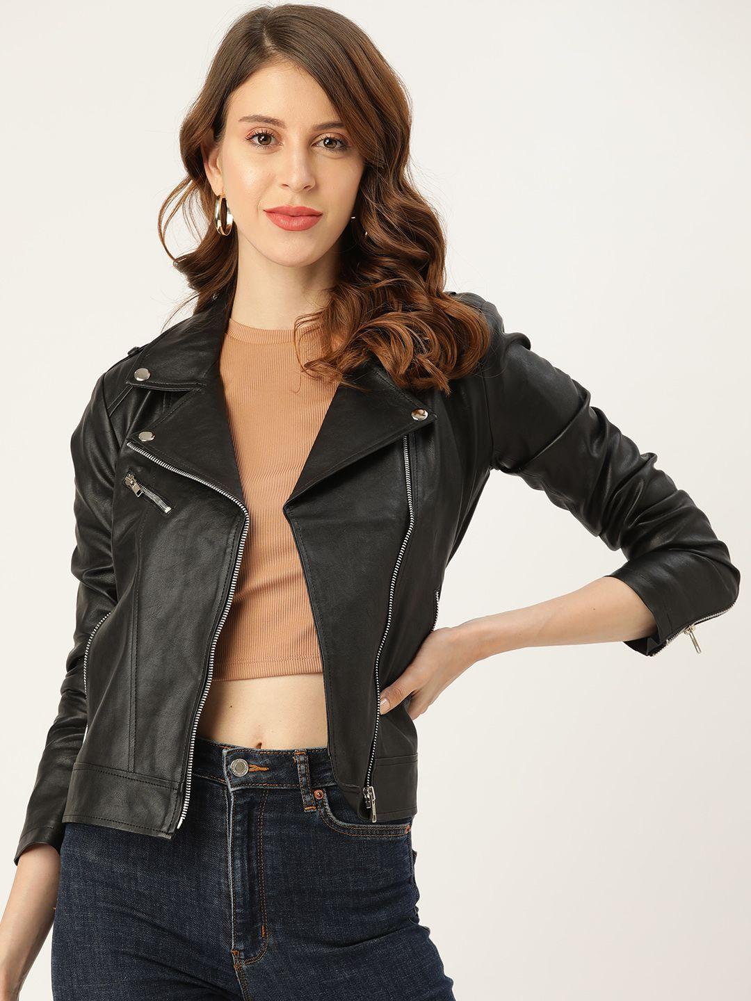 leather retail women black solid asymmetric closure leather biker jacket