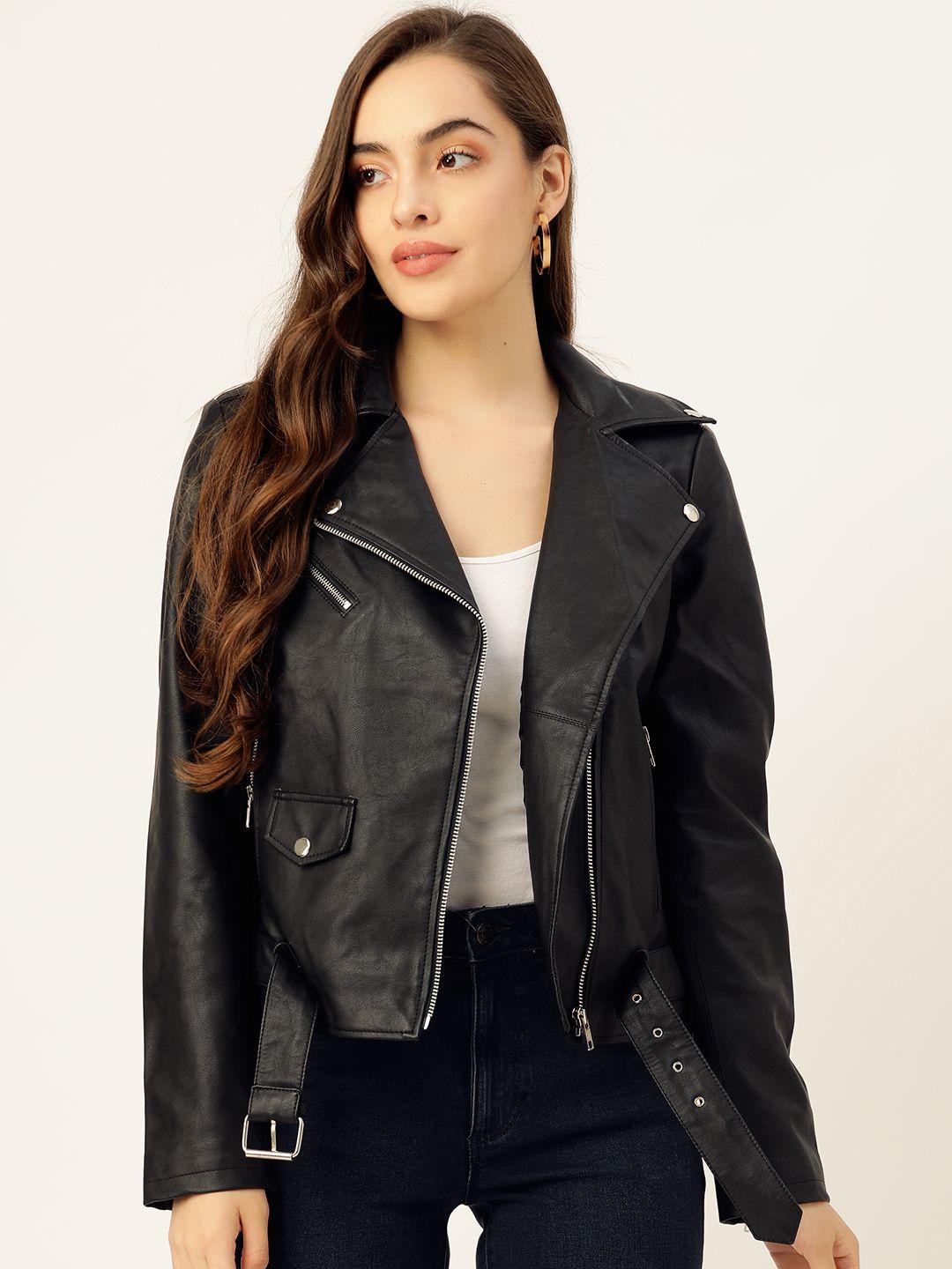 leather retail women black solid lightweight leather jacket