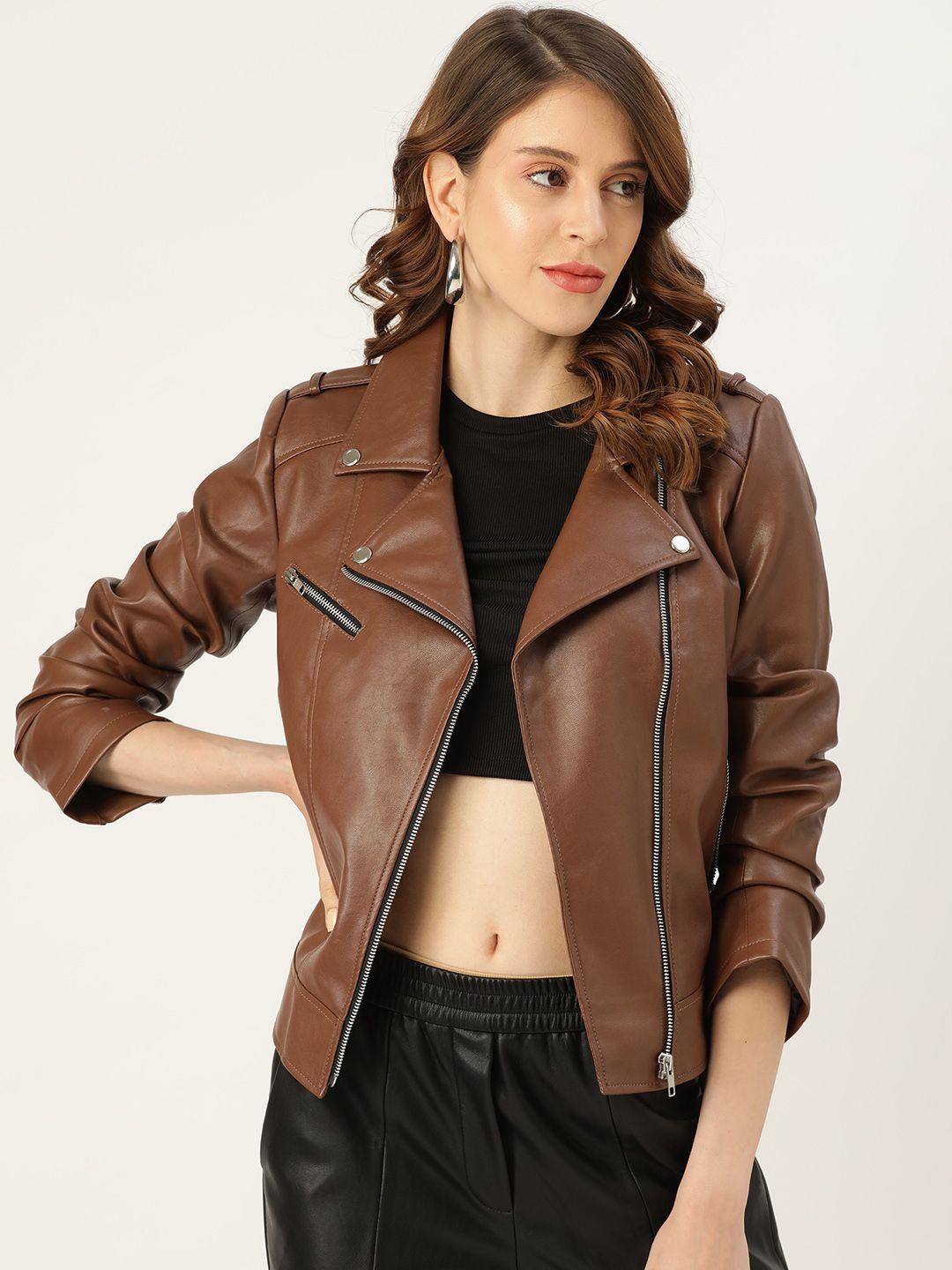 leather retail women brown solid lightweight biker jacket