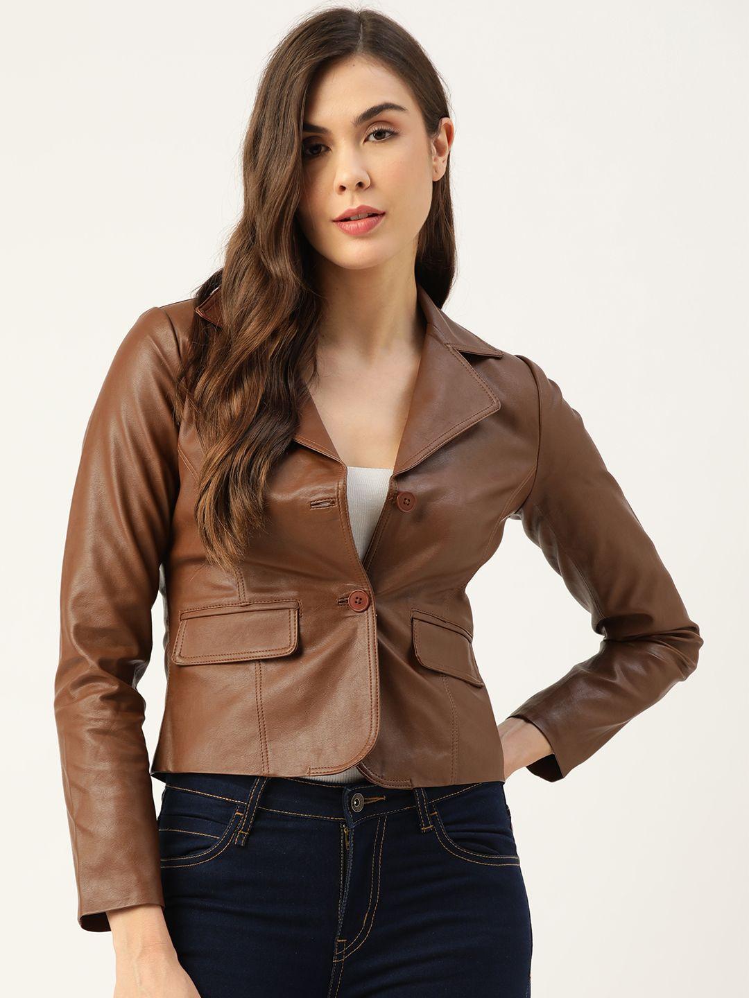 leather retail women brown solid lightweight leather jacket