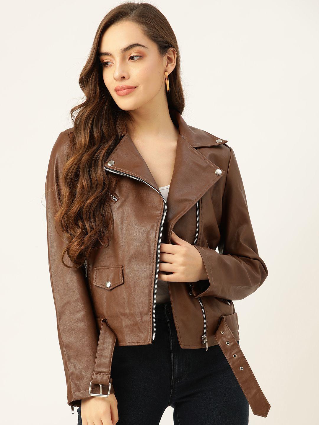 leather retail women brown solid lightweight leather jacket