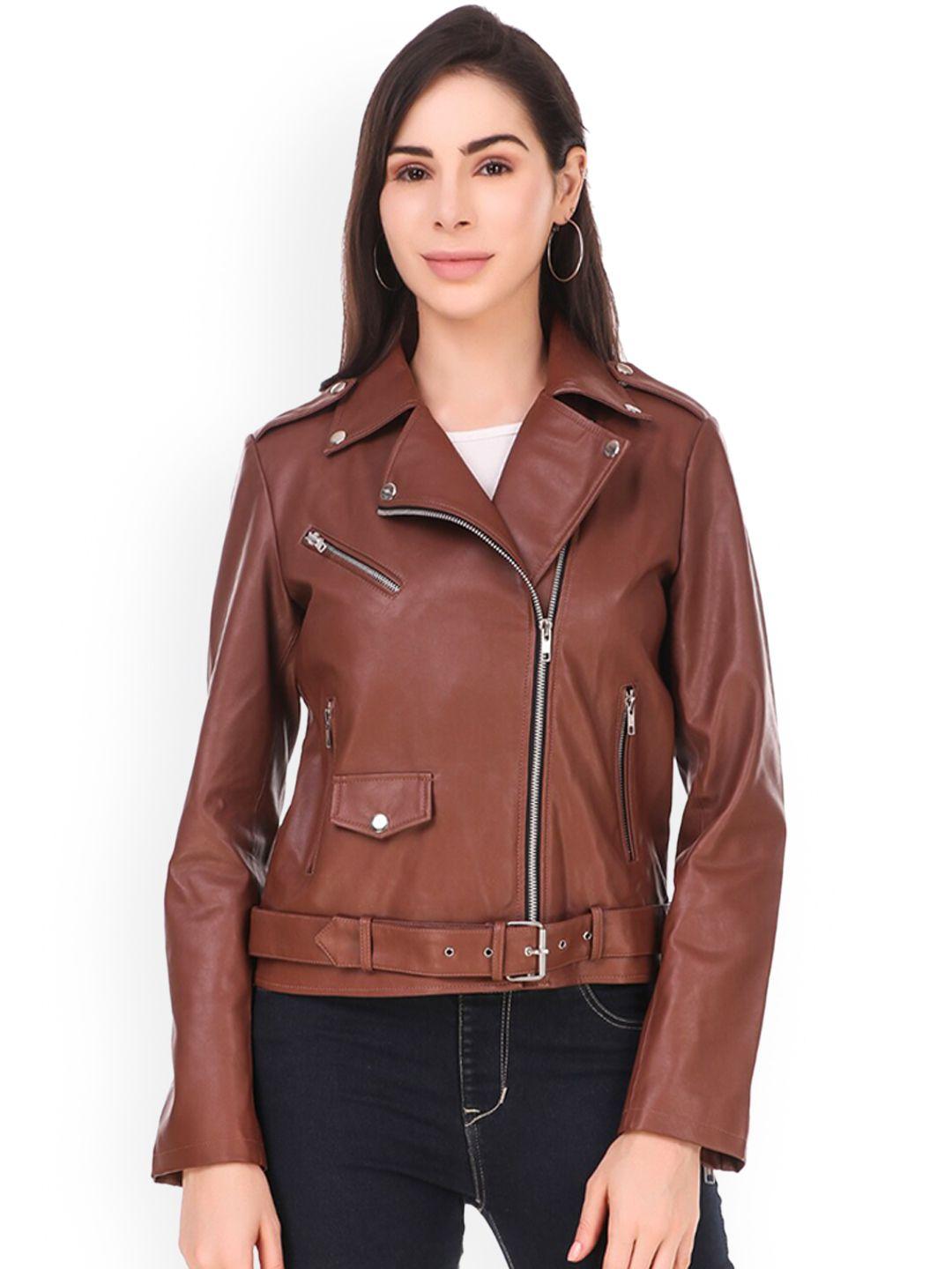 leather retail women brown striped crop outdoor biker jacket