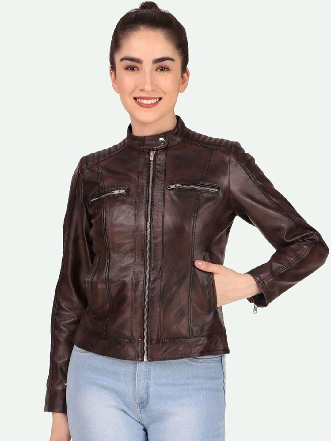 leather retail women coffee brown leather jacket