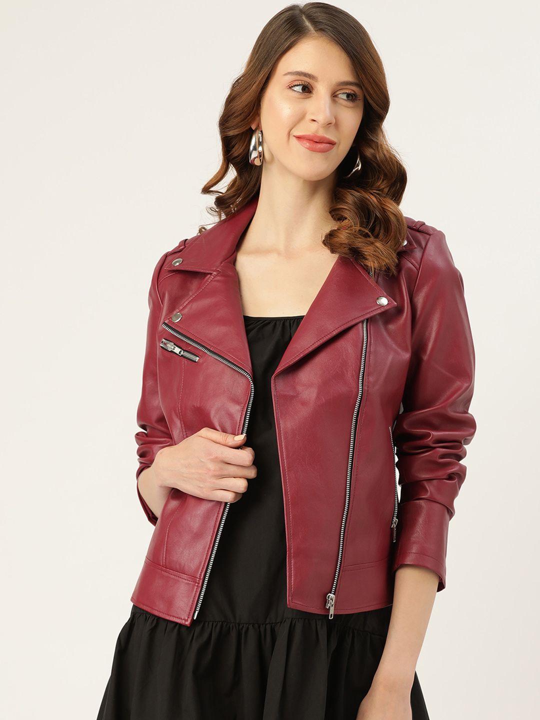 leather retail women maroon solid lightweight leather jacket