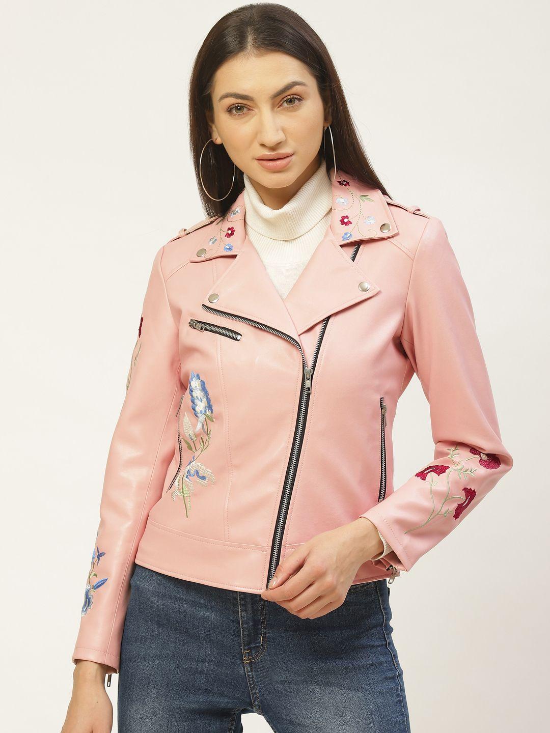 leather retail women peach-coloured embroidered detail lightweight biker jacket