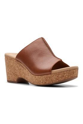 leather slip-on women's casual wear heels - brown