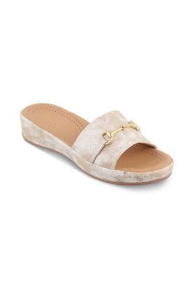 leather slip-on women's casual wear sandals - gold