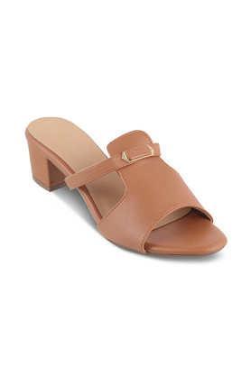 leather slip-on women's casual wear sandals - tan