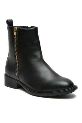 leather slip-on women's mid tops boots - black