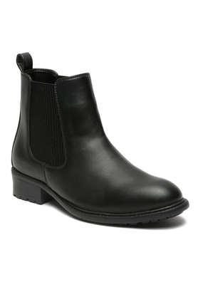 leather slip-on women's mid tops boots - black