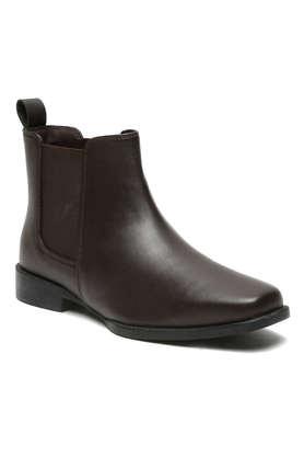 leather slip-on women's mid tops boots - brown