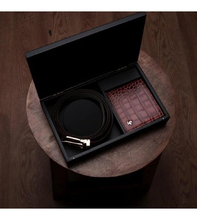 leather talks tan premium italian croco wallet belt set with wooden gift box