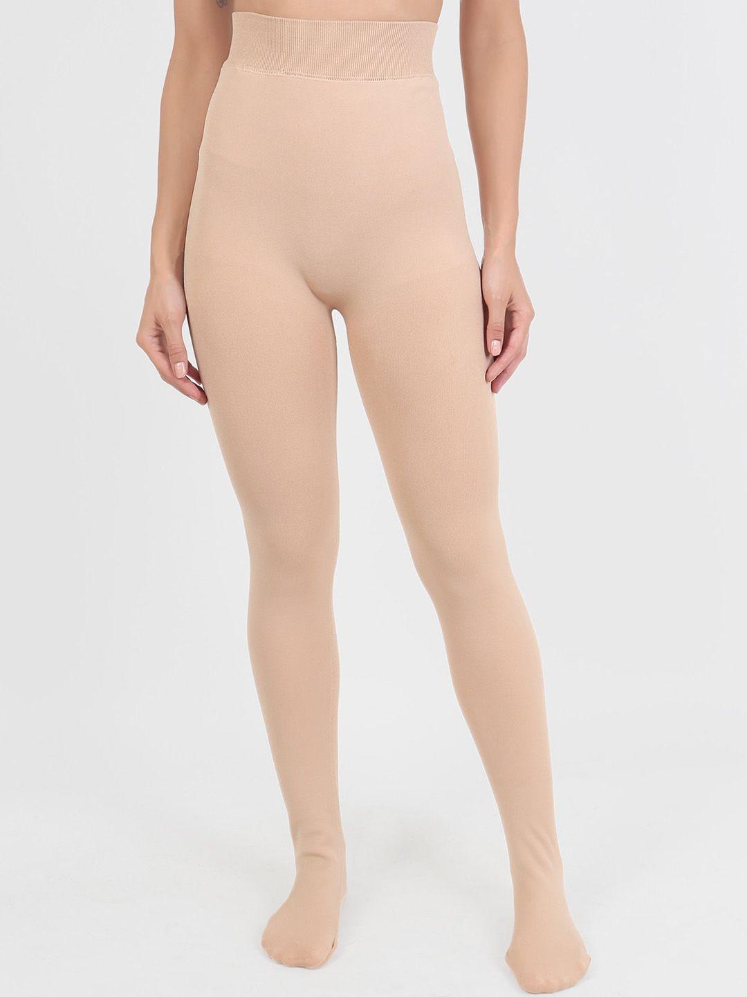 lebami women beige solid thermal stockings with fur inside