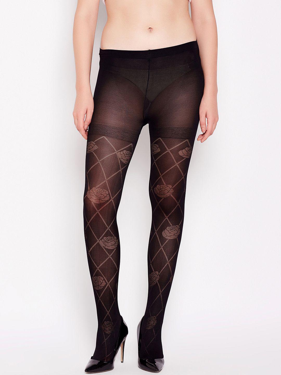 lebami women black self design stockings