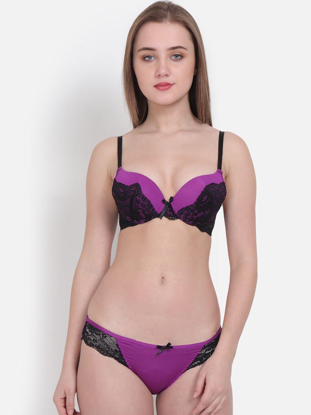 lebami women purple & black colourblocked lace lingerie set set 1234