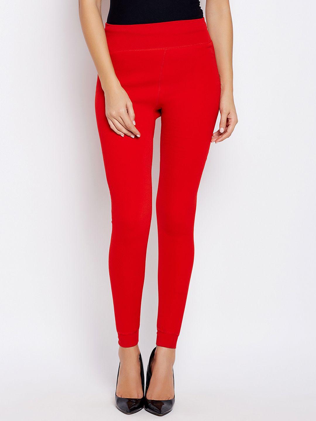 lebami women red solid ankle-length leggings