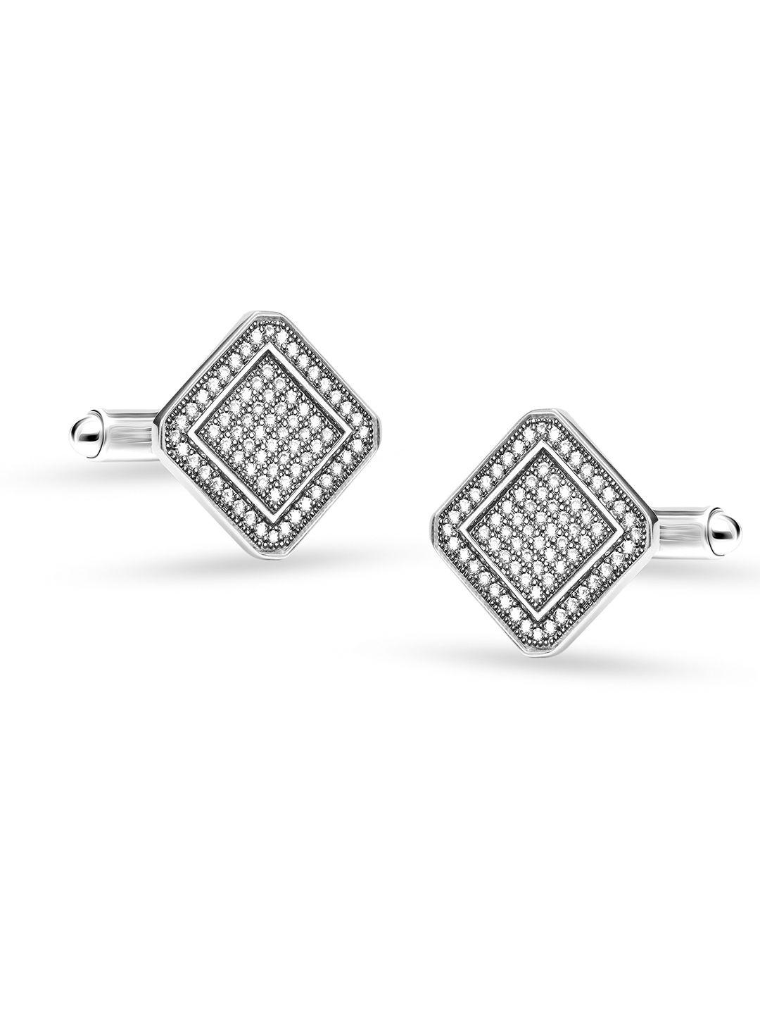 lecalla silver-toned & white geometric cufflink