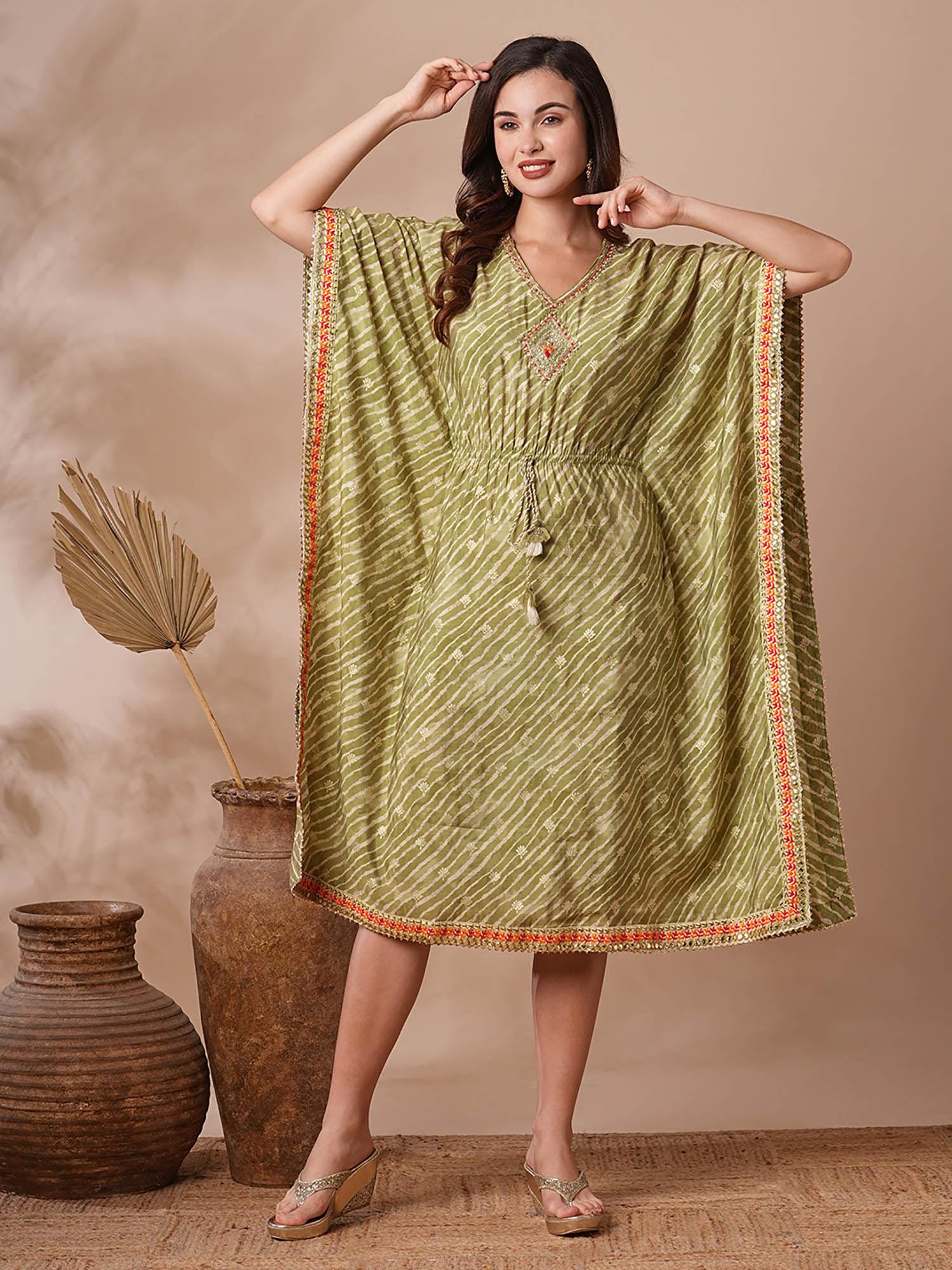 lechery foil printed & embroidered kaftan midi dress- green