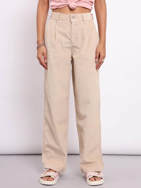 lee beige cotton relaxed fit high rise trousers
