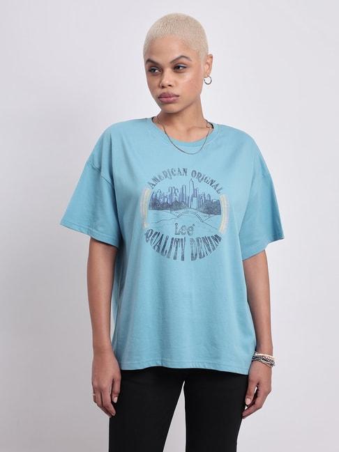 lee blue cotton graphic print oversized t-shirt
