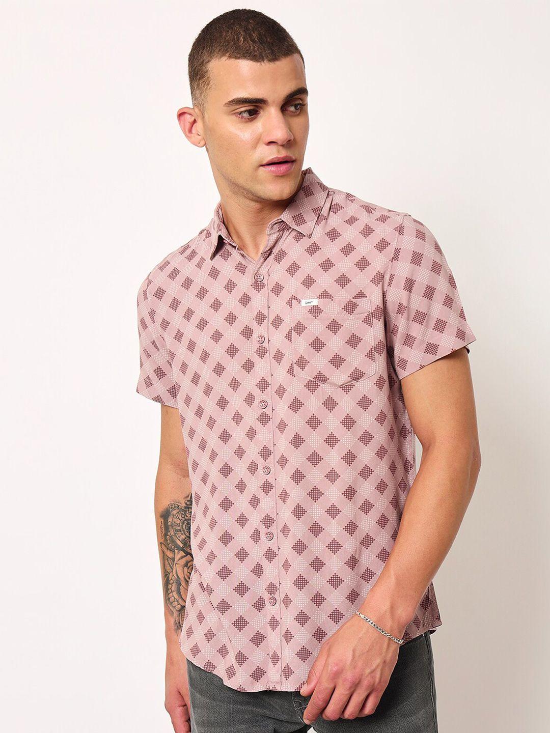 lee geometric printed spread collar cotton casual slim fit shirt