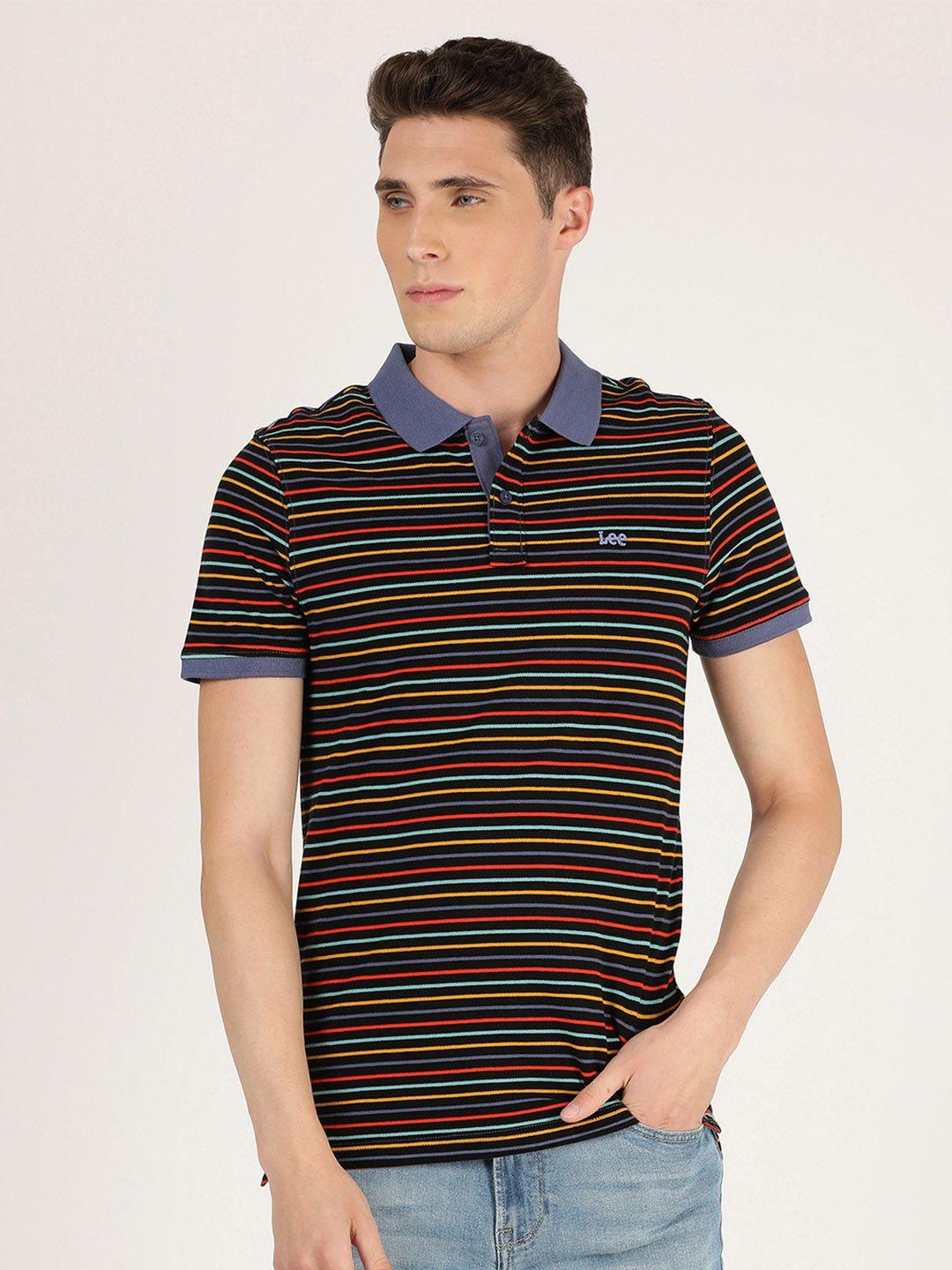 lee men black striped polo collar slim fit cotton  t-shirt