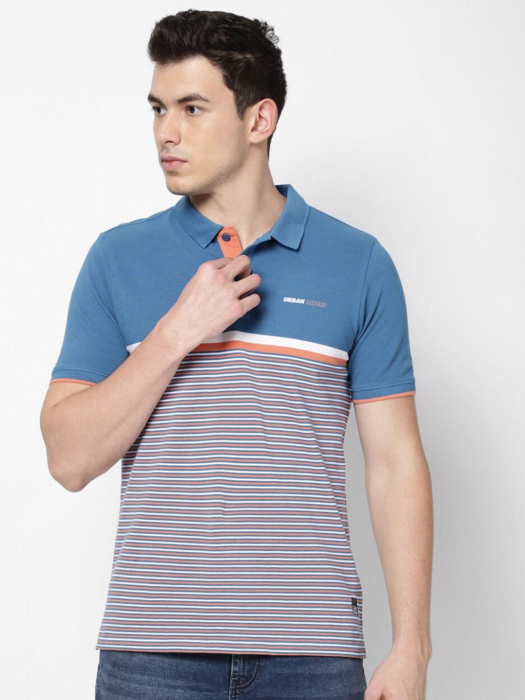 lee men blue & orange striped polo collar slim fit t-shirt
