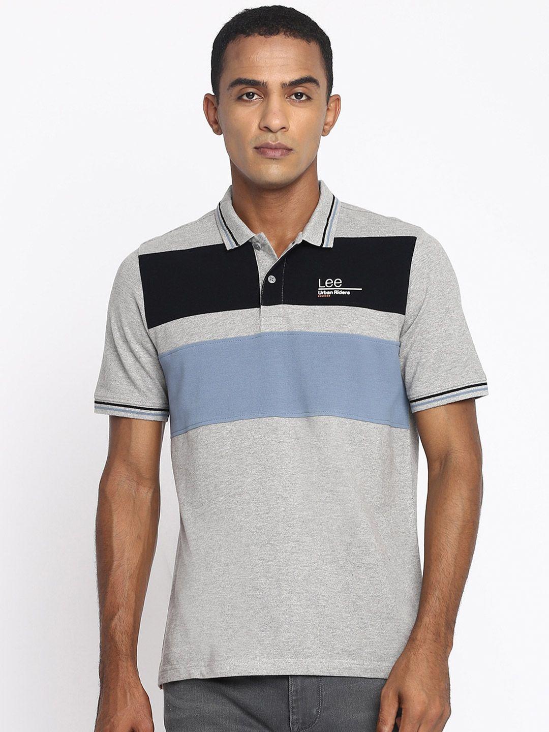 lee men grey & black colourblocked polo collar slim fit t-shirt
