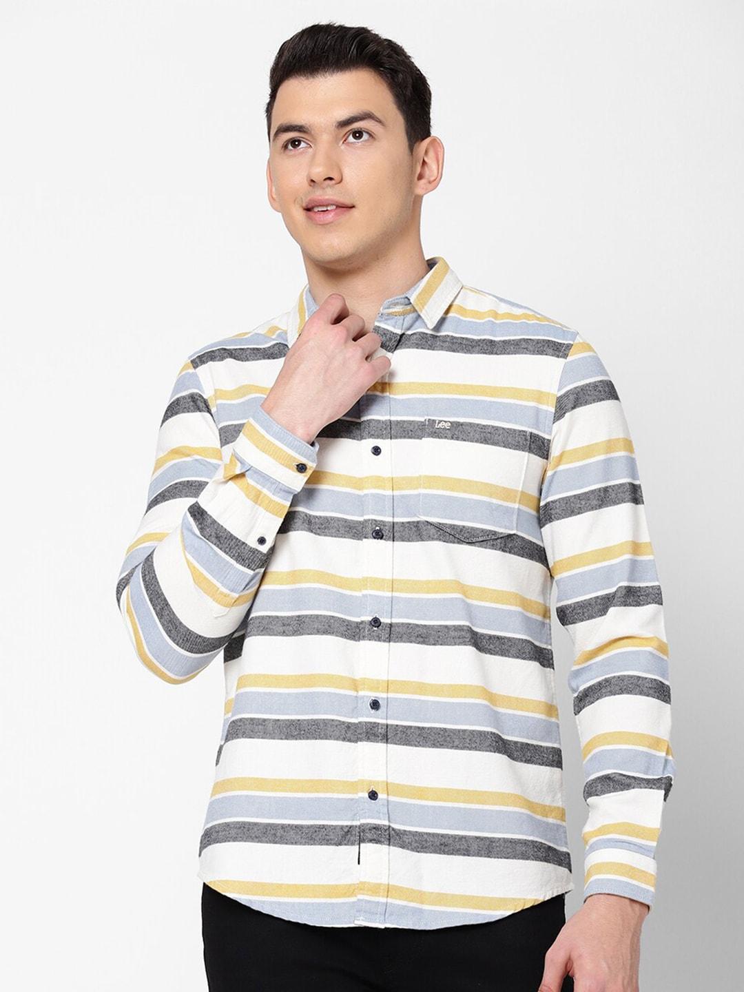 lee men off white slim fit horizontal stripes striped casual shirt