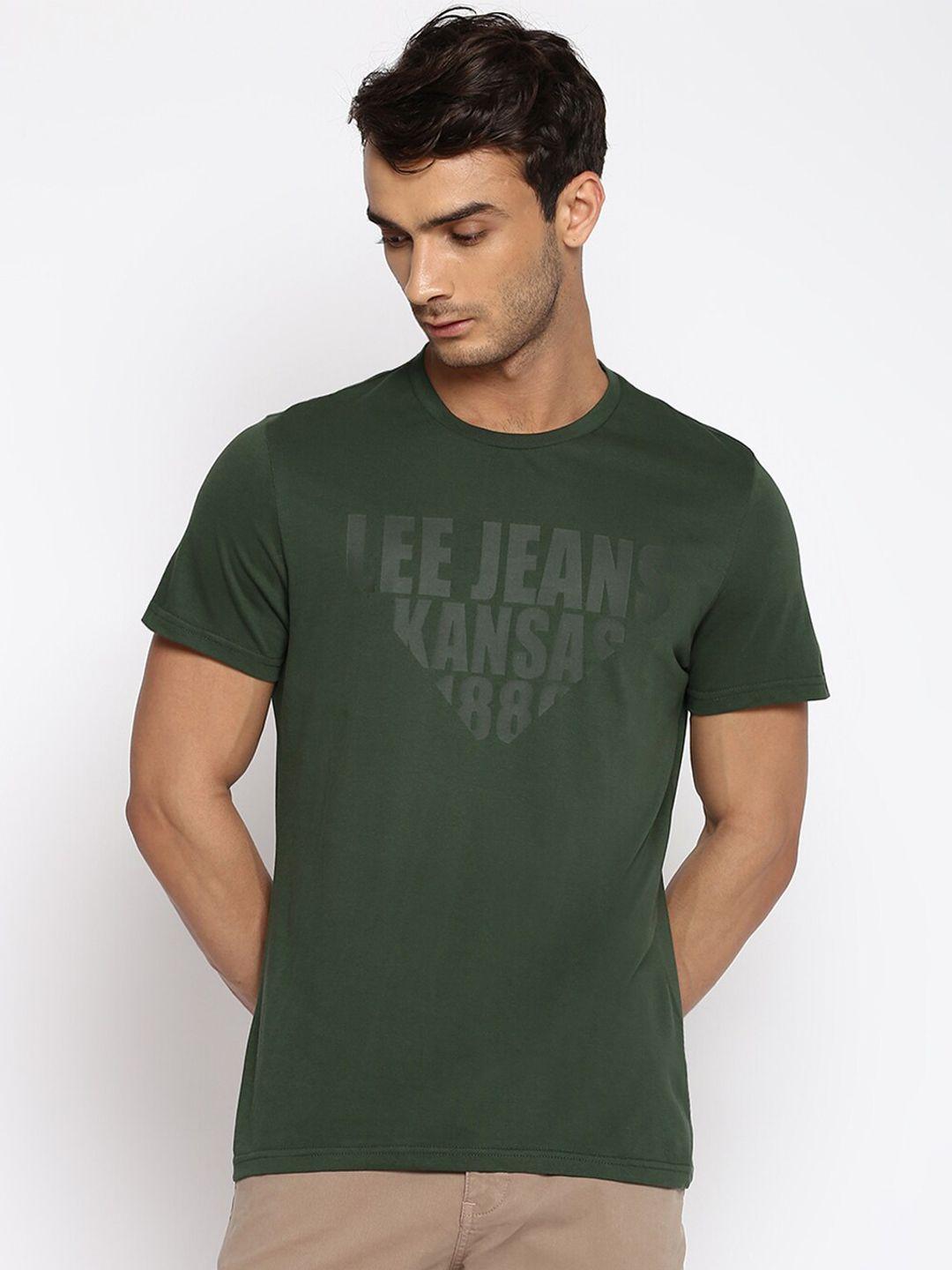 lee men olive green brand logo printed slim fit cotton t-shirt