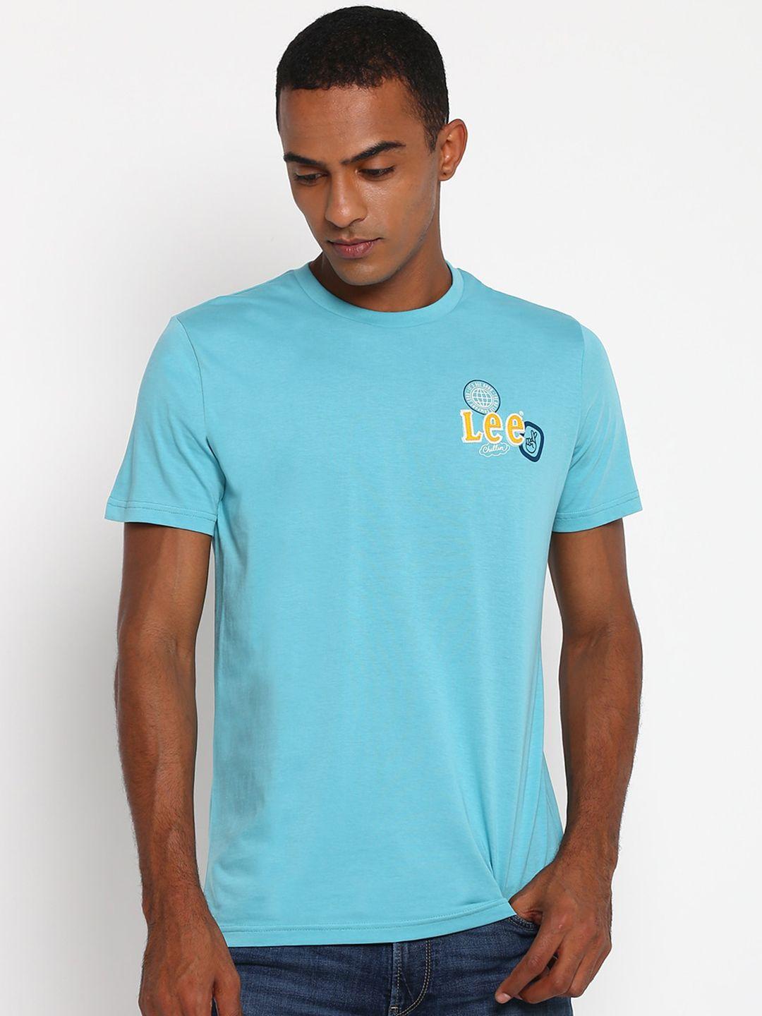 lee men turquoise blue printed slim fit t-shirt