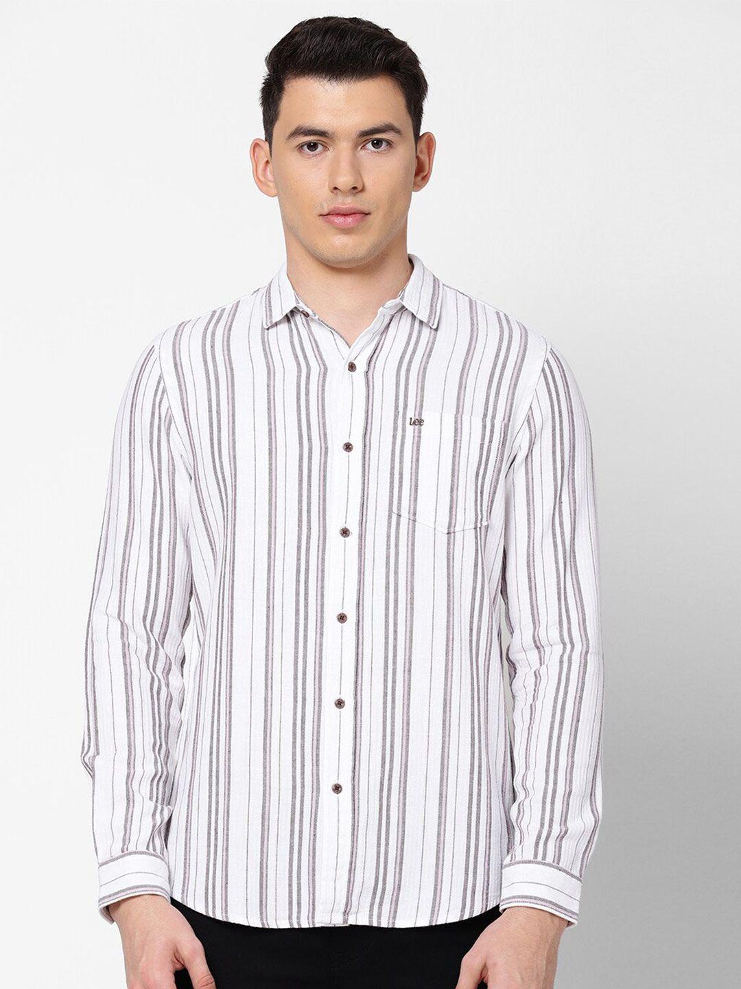 lee men white slim fit striped cotton casual shirt