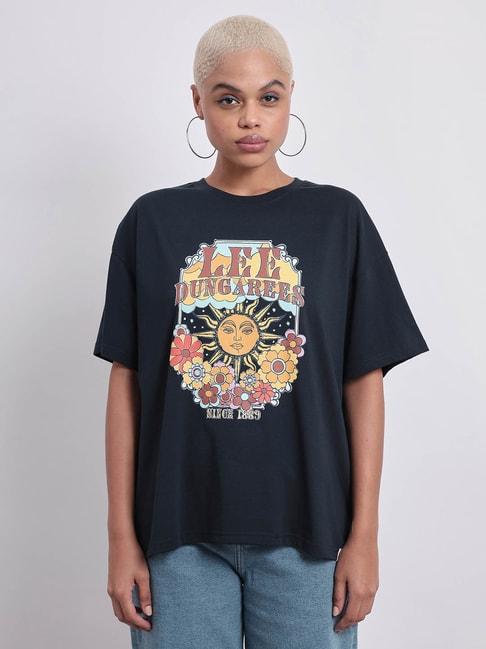 lee navy cotton graphic print oversized t-shirt