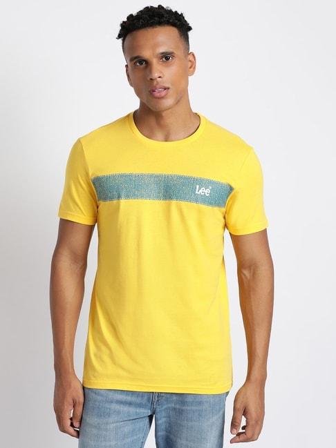 lee yellow cotton slim fit printed t-shirt