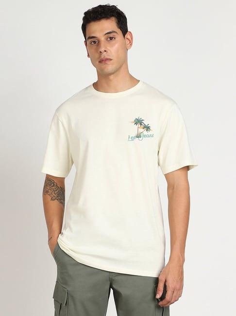 lee beige comfort fit graphic print cotton crew t-shirt