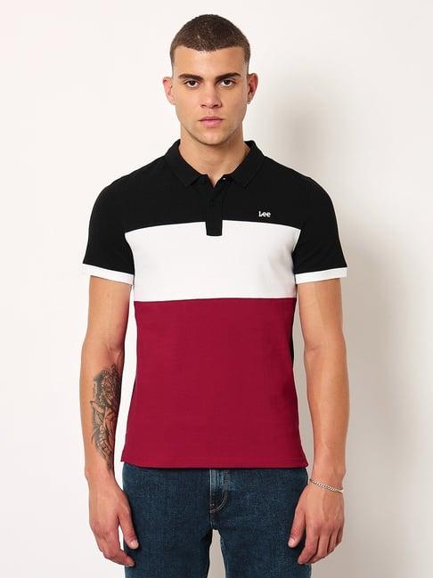 lee black cotton slim fit colour block polo t-shirt