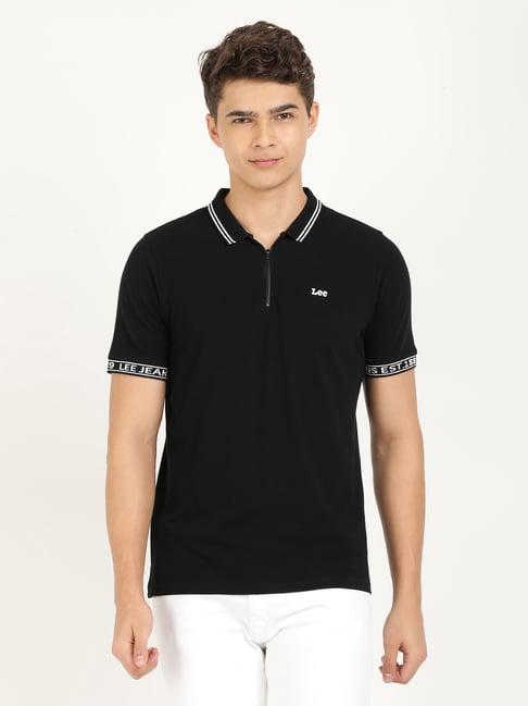 lee black cotton slim fit polo t-shirt