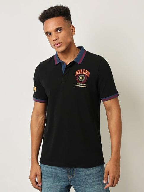 lee black cotton slim fit printed polo t-shirt