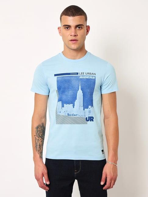 lee blue cotton slim fit printed t-shirt