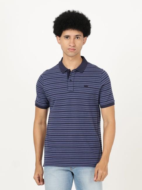 lee blue cotton slim fit striped polo t-shirt