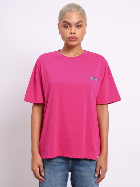 lee bright pink cotton printed oversized t-shirt