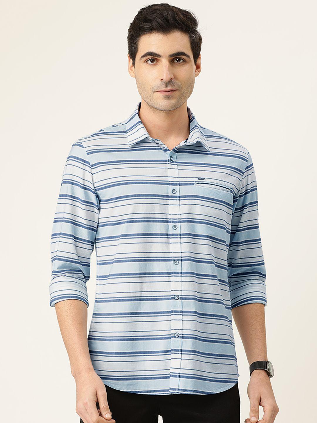 lee cooper men blue & white regular fit striped casual shirt
