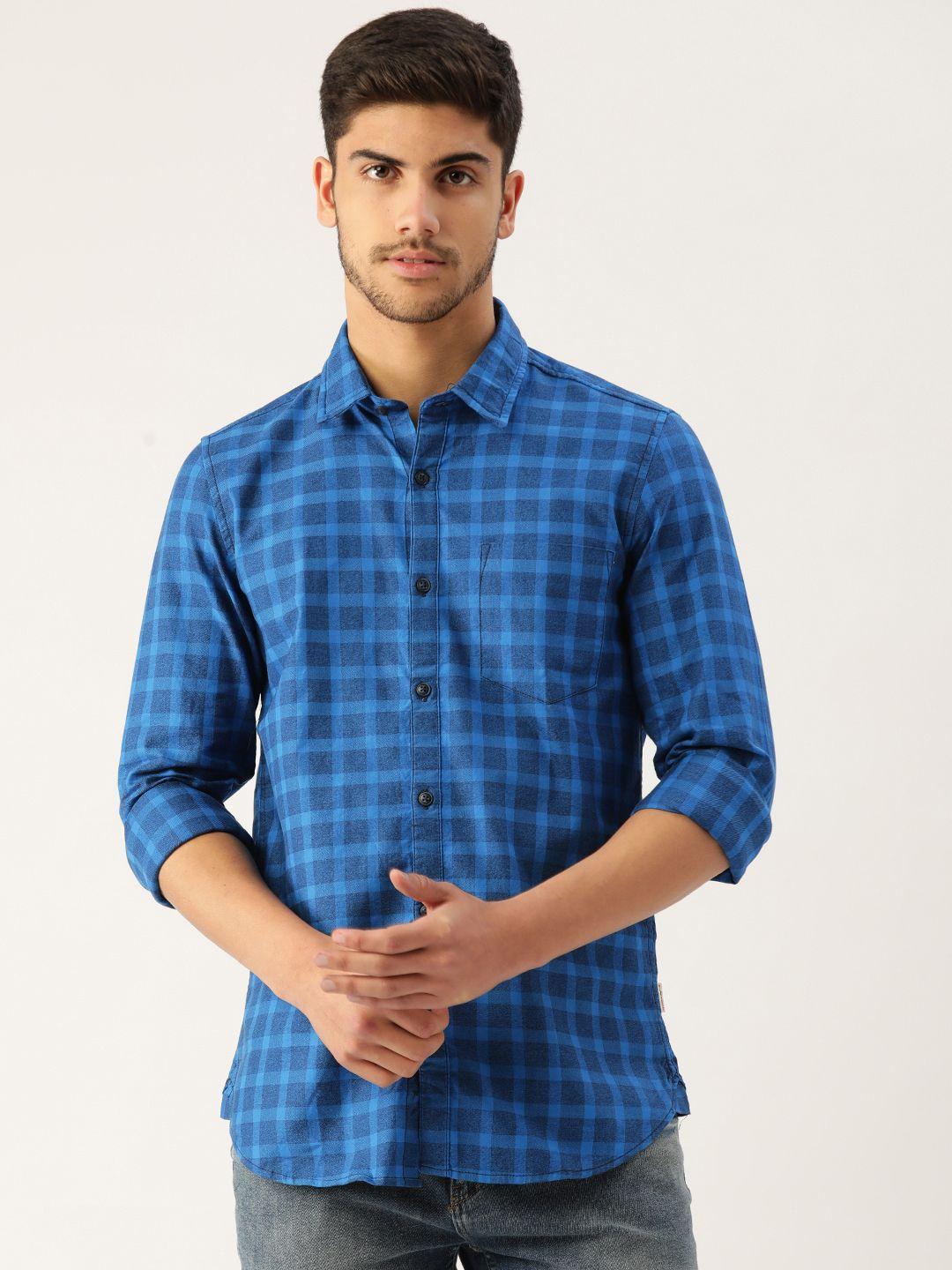 lee cooper men blue gingham checked cotton shirt