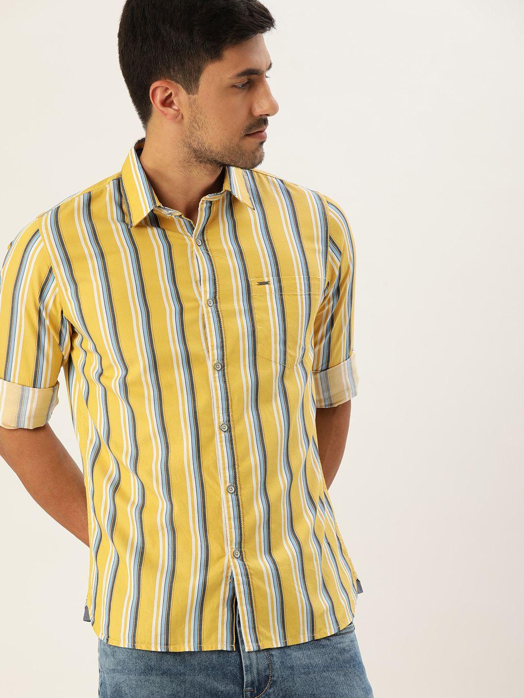 lee cooper men yellow & blue regular fit striped casual shirt