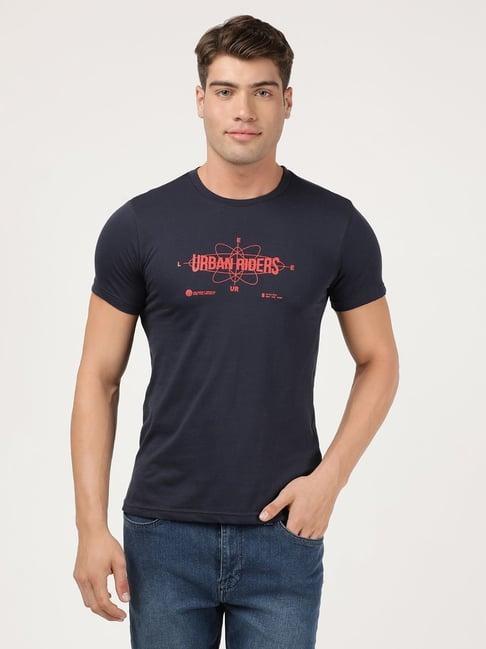 lee dark navy cotton slim fit printed t-shirt