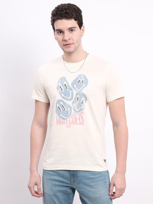 lee light beige regular fit graphic print cotton crew t-shirt