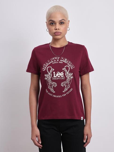 lee maroon cotton graphic print t-shirt