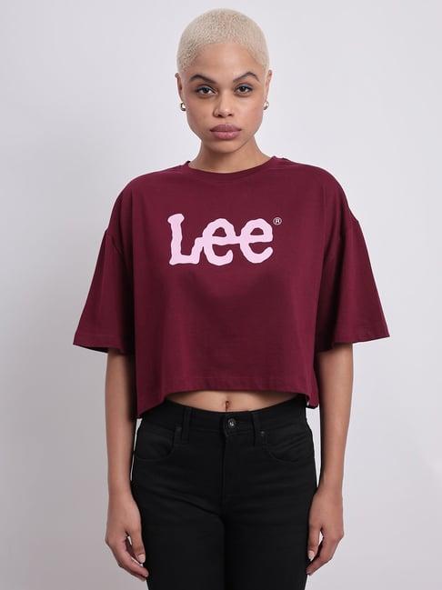 lee maroon cotton logo print t-shirt