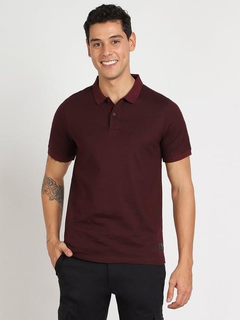 lee maroon slim fit printed cotton polo t-shirt