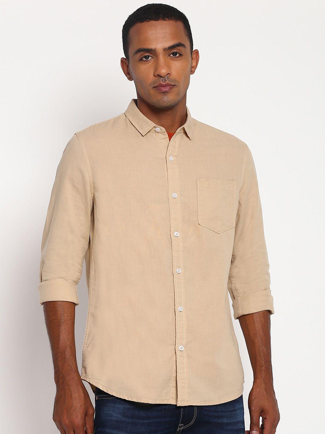 lee men beige classic slim fit cotton linen casual shirt